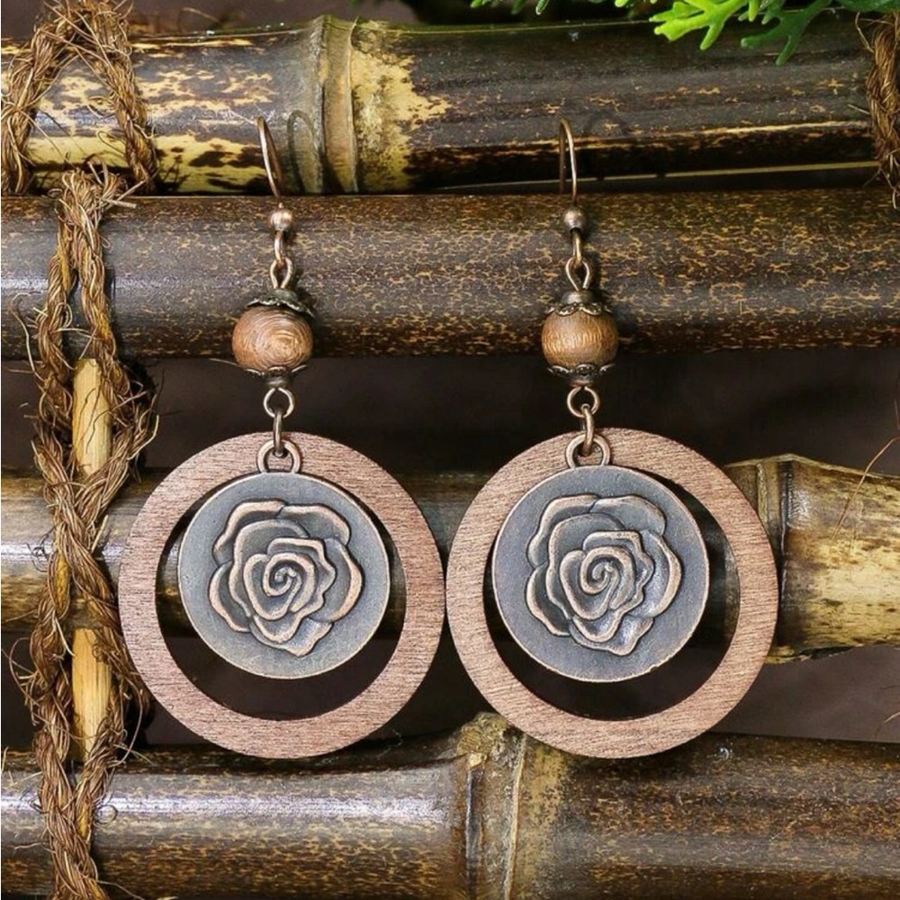 New! Boho Round Wood Bead with Rose Drop Earrings